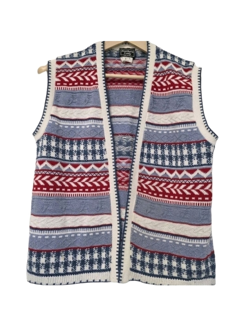 Vintage Fisherman Nostalgic Sweater Vest Womens Size Med Patriotic Blue quilt